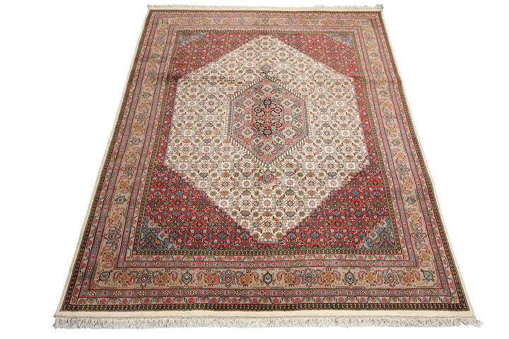 8x10 Ivory, Rose, Tan Color Hand Knotted Indo Bidjar Wool Traditional Oriental Rug