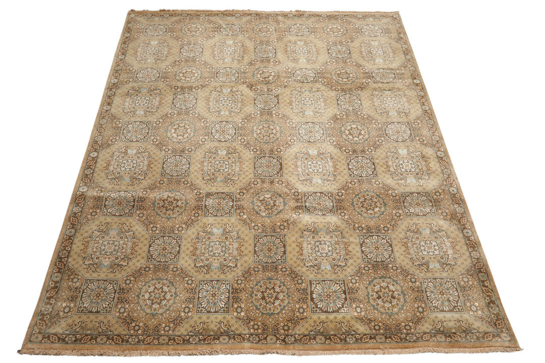 8x10 Beige, Tan, Turqoiuse Color Hand Knotted Bakhtiari Wool &amp; Silk Transitional Oriental Rug