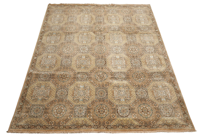 8x10 Beige, Tan, Turqoiuse Color Hand Knotted Bakhtiari Wool &amp; Silk Transitional Oriental Rug