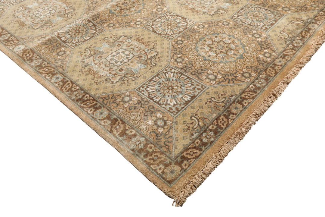 8x10 Beige, Tan, Turqoiuse Color Hand Knotted Bakhtiari Wool &amp; Silk Transitional Oriental Rug
