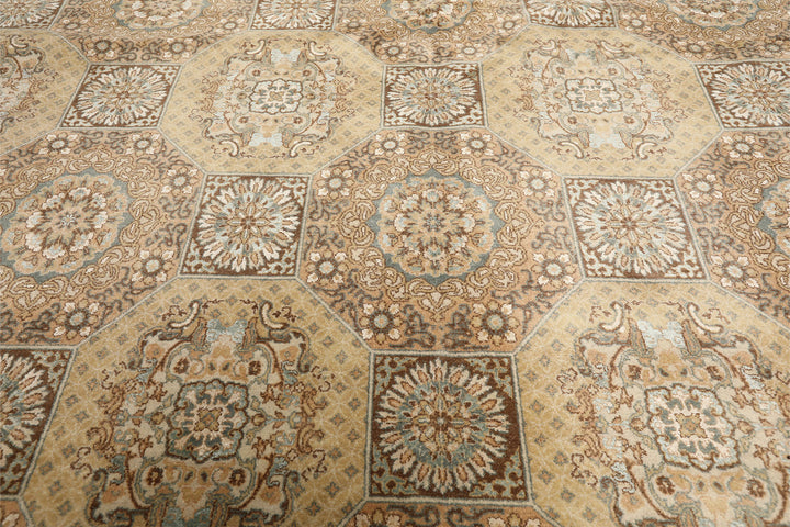 8x10 Beige, Tan, Turqoiuse Color Hand Knotted Bakhtiari Wool &amp; Silk Transitional Oriental Rug