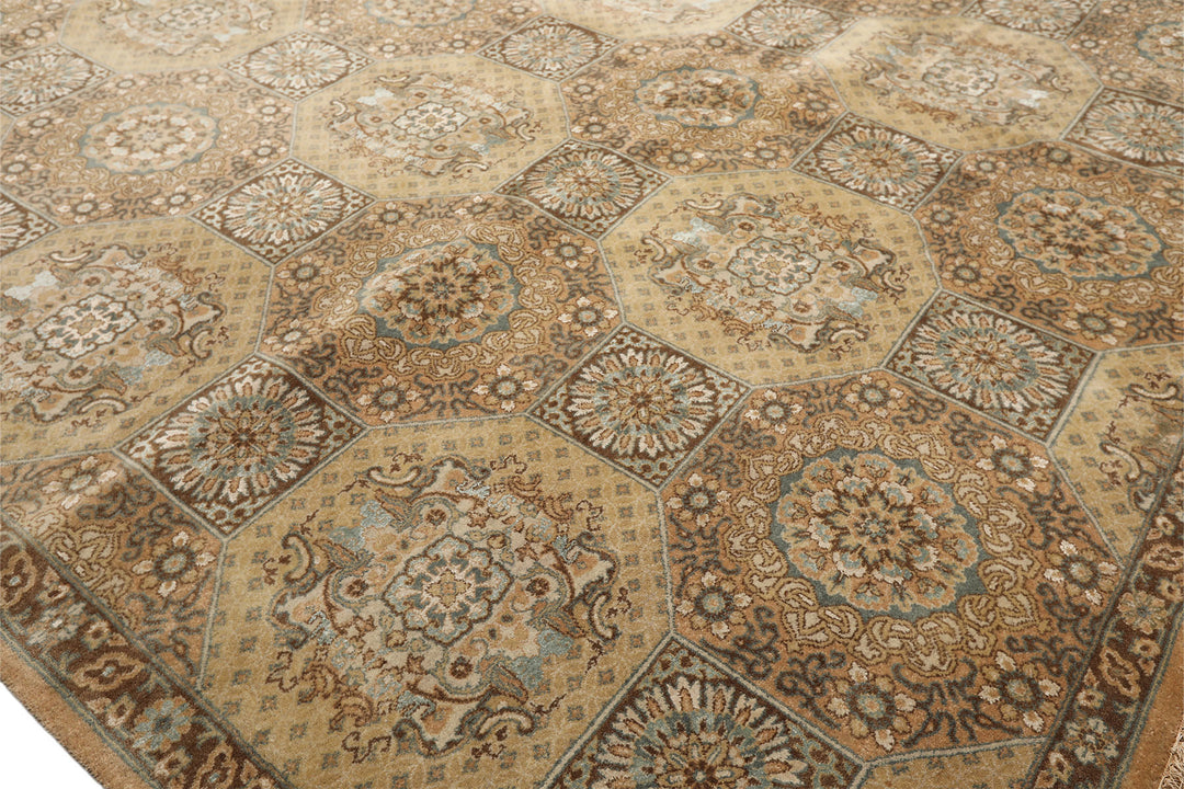 8x10 Beige, Tan, Turqoiuse Color Hand Knotted Bakhtiari Wool &amp; Silk Transitional Oriental Rug