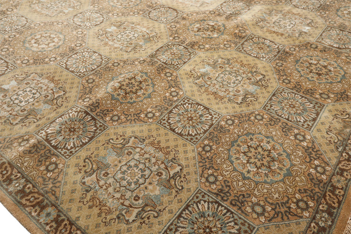 8x10 Beige, Tan, Turqoiuse Color Hand Knotted Bakhtiari Wool &amp; Silk Transitional Oriental Rug