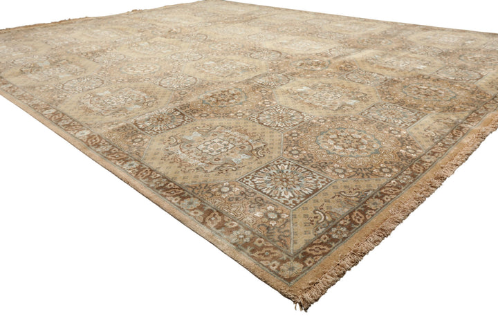 8x10 Beige, Tan, Turqoiuse Color Hand Knotted Bakhtiari Wool &amp; Silk Transitional Oriental Rug