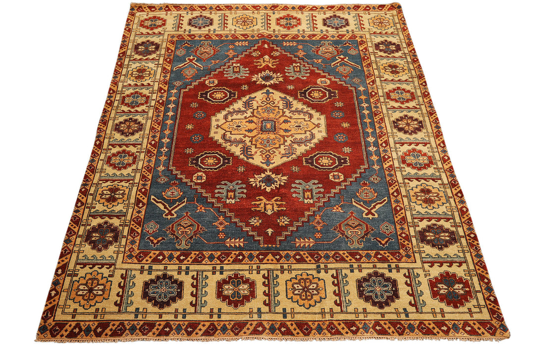 8x10 Rust, Light Gold, Blue Color Hand Knotted Oushak Wool Transitional Oriental Rug