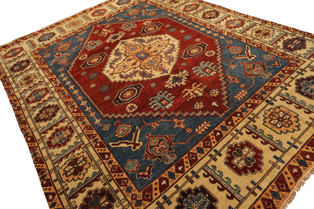 8x10 Rust, Light Gold, Blue Color Hand Knotted Oushak Wool Transitional Oriental Rug