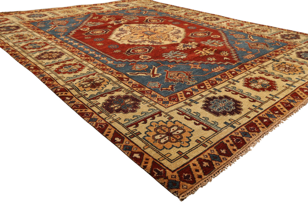 8x10 Rust, Light Gold, Blue Color Hand Knotted Oushak Wool Transitional Oriental Rug