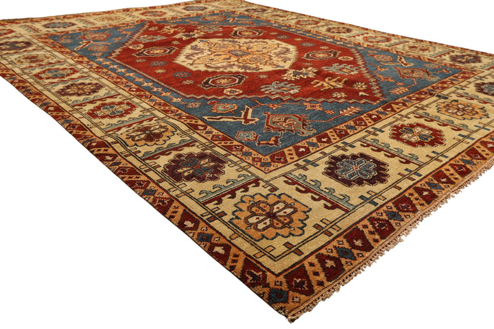 8x10 Rust, Light Gold, Blue Color Hand Knotted Oushak Wool Transitional Oriental Rug