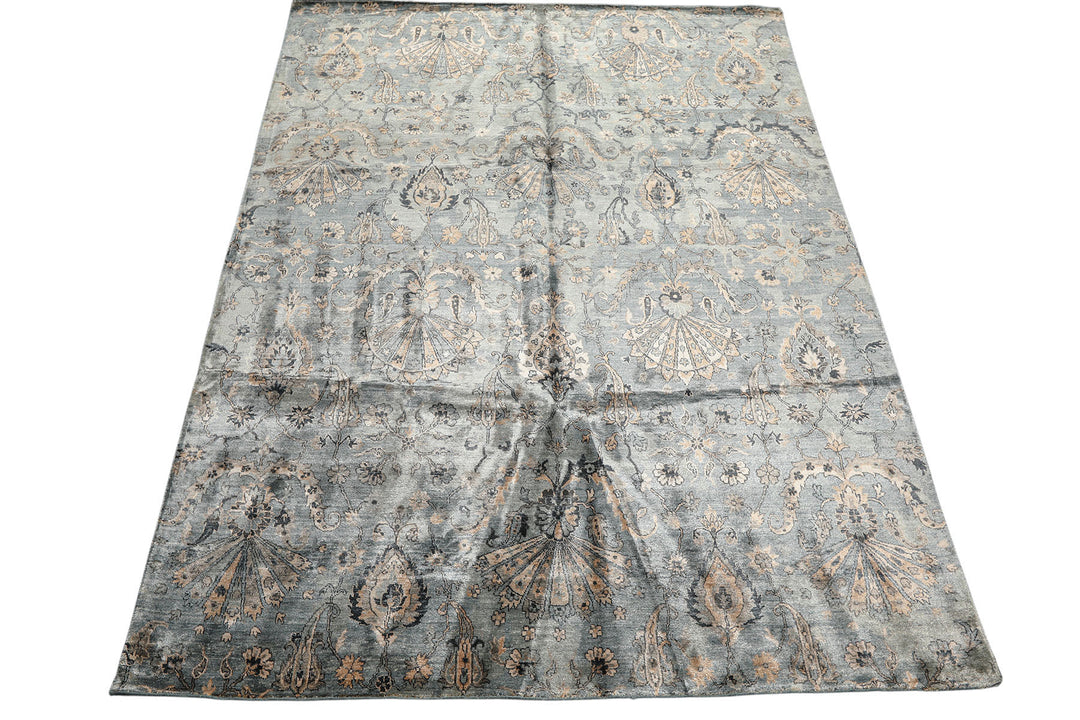 8x10 Aqua, Taupe, Beige Color Hand Knotted Tibetan Bamboo Silk Transitional Oriental Rug