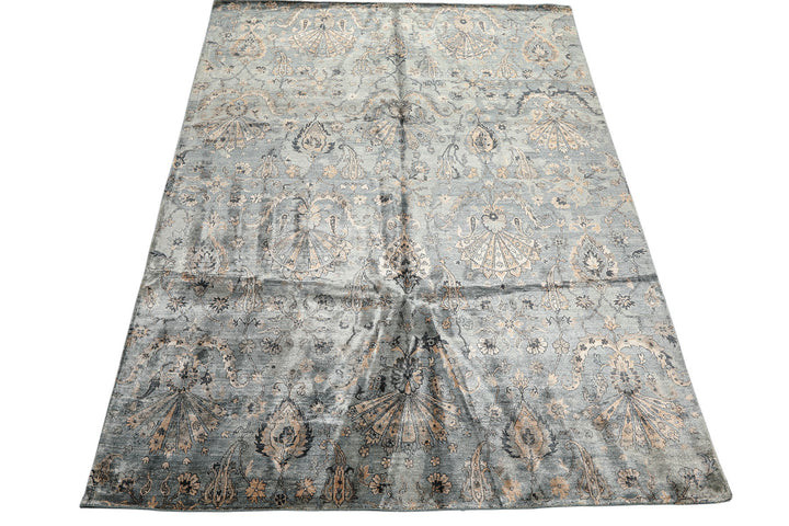 8x10 Aqua, Taupe, Beige Color Hand Knotted Tibetan Bamboo Silk Transitional Oriental Rug