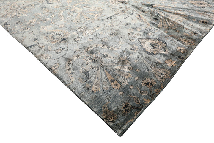 8x10 Aqua, Taupe, Beige Color Hand Knotted Tibetan Bamboo Silk Transitional Oriental Rug