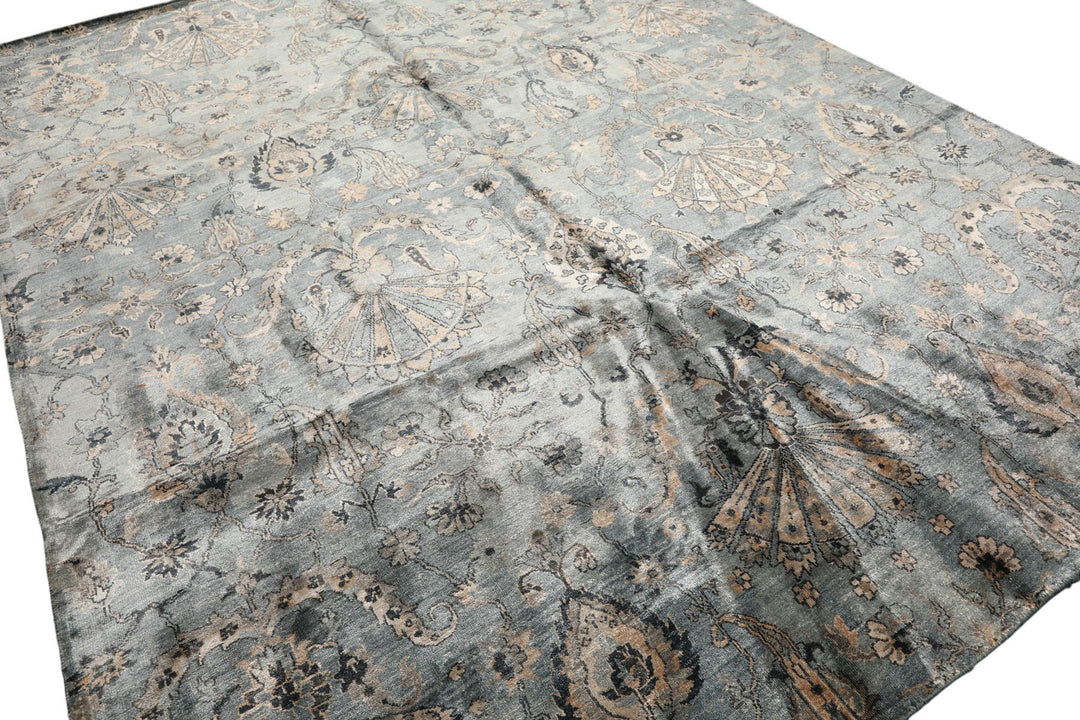 8x10 Aqua, Taupe, Beige Color Hand Knotted Tibetan Bamboo Silk Transitional Oriental Rug