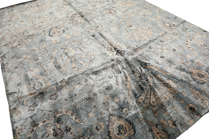 8x10 Aqua, Taupe, Beige Color Hand Knotted Tibetan Bamboo Silk Transitional Oriental Rug