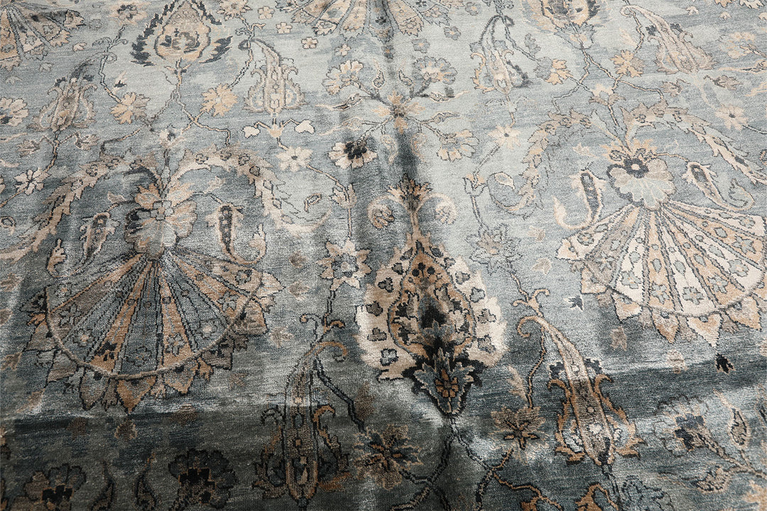 8x10 Aqua, Taupe, Beige Color Hand Knotted Tibetan Bamboo Silk Transitional Oriental Rug