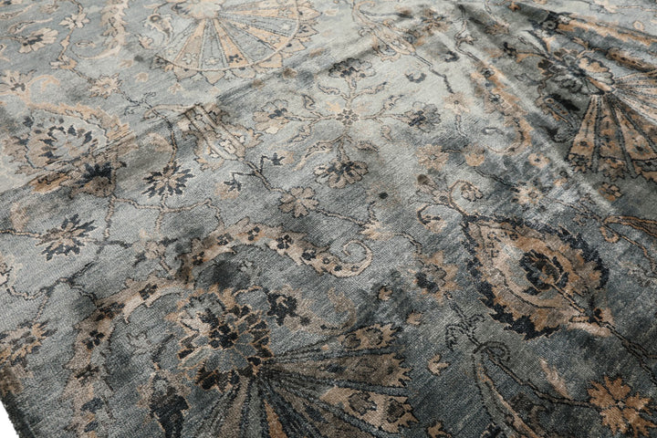 8x10 Aqua, Taupe, Beige Color Hand Knotted Tibetan Bamboo Silk Transitional Oriental Rug