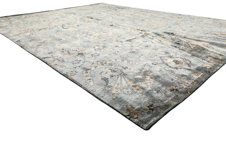 8x10 Aqua, Taupe, Beige Color Hand Knotted Tibetan Bamboo Silk Transitional Oriental Rug