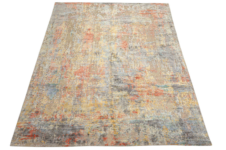9x12 Beige, Coral, Aqua Color Hand Knotted Sherpa Wool &amp; Bamboo Silk Modern &amp; Contemporary Oriental Rug