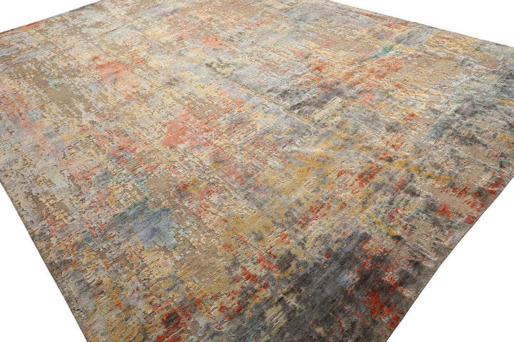 9x12 Beige, Coral, Aqua Color Hand Knotted Sherpa Wool &amp; Bamboo Silk Modern &amp; Contemporary Oriental Rug
