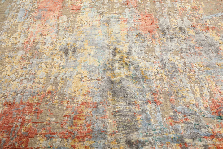 9x12 Beige, Coral, Aqua Color Hand Knotted Sherpa Wool &amp; Bamboo Silk Modern &amp; Contemporary Oriental Rug