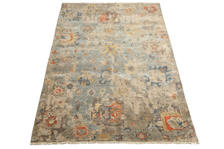 6x9 Celadon, Beige, Orange Color Hand Knotted Indo Oushak Wool Traditional Oriental Rug