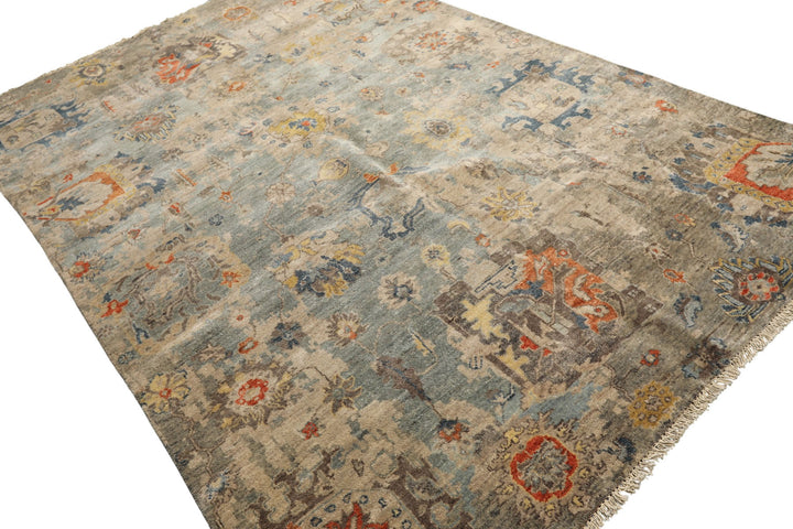 6x9 Celadon, Beige, Orange Color Hand Knotted Indo Oushak Wool Traditional Oriental Rug