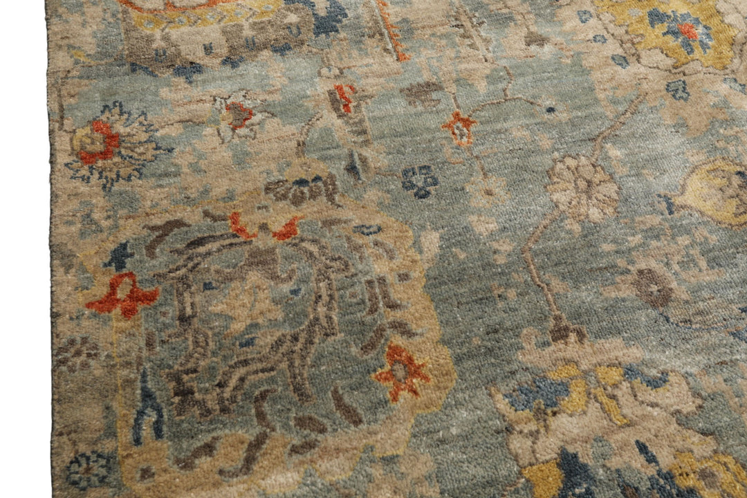 6x9 Celadon, Beige, Orange Color Hand Knotted Indo Oushak Wool Traditional Oriental Rug