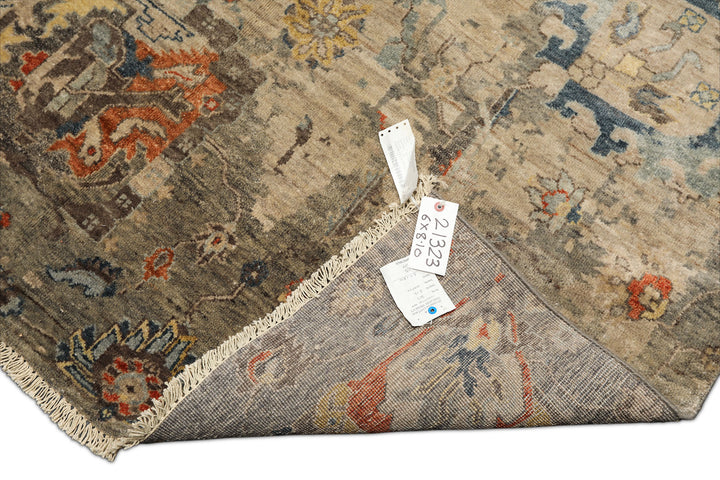 6x9 Celadon, Beige, Orange Color Hand Knotted Indo Oushak Wool Traditional Oriental Rug