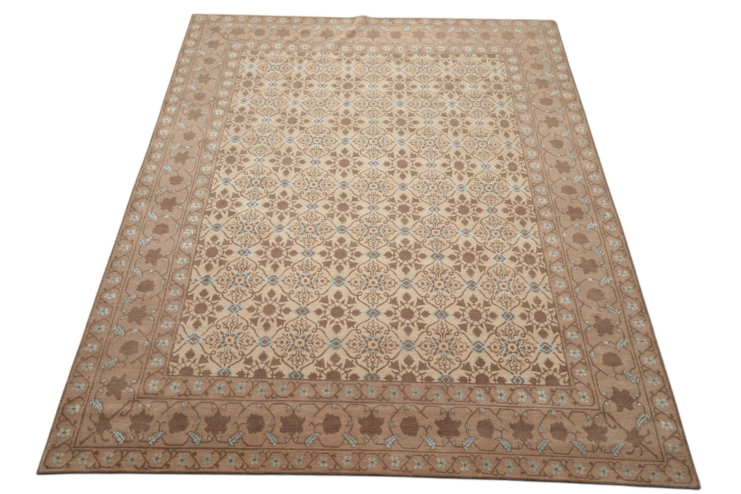 8x10 Beige, Brown, Blue Color Hand Knotted Persian Wool &amp; Silk Transitional Oriental Rug