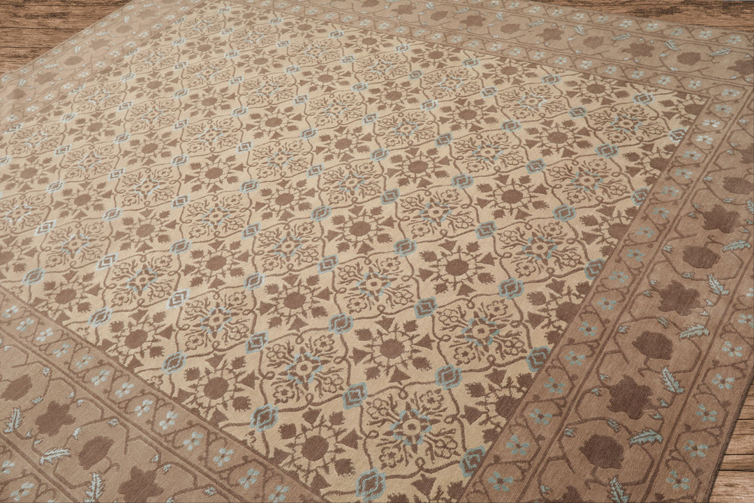 8x10 Beige, Brown, Blue Color Hand Knotted Persian Wool &amp; Silk Transitional Oriental Rug