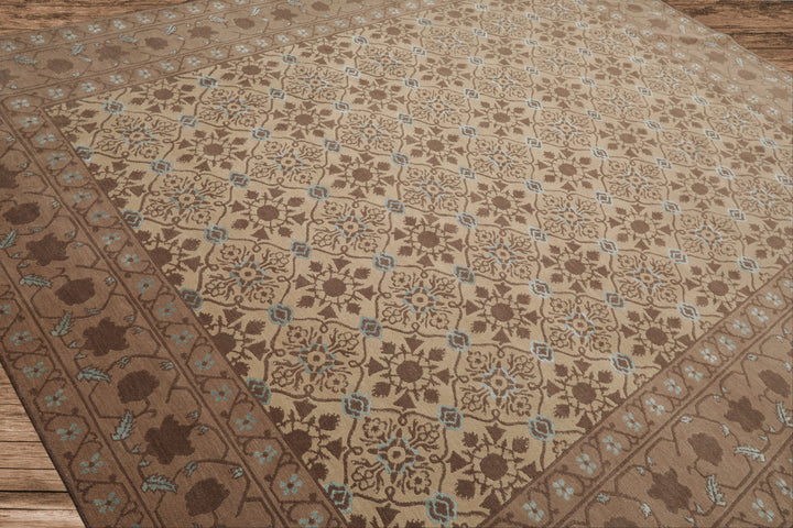 8x10 Beige, Brown, Blue Color Hand Knotted Persian Wool &amp; Silk Transitional Oriental Rug