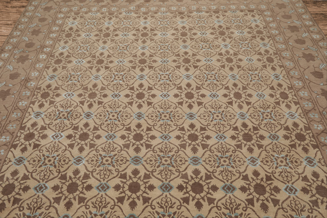 8x10 Beige, Brown, Blue Color Hand Knotted Persian Wool &amp; Silk Transitional Oriental Rug