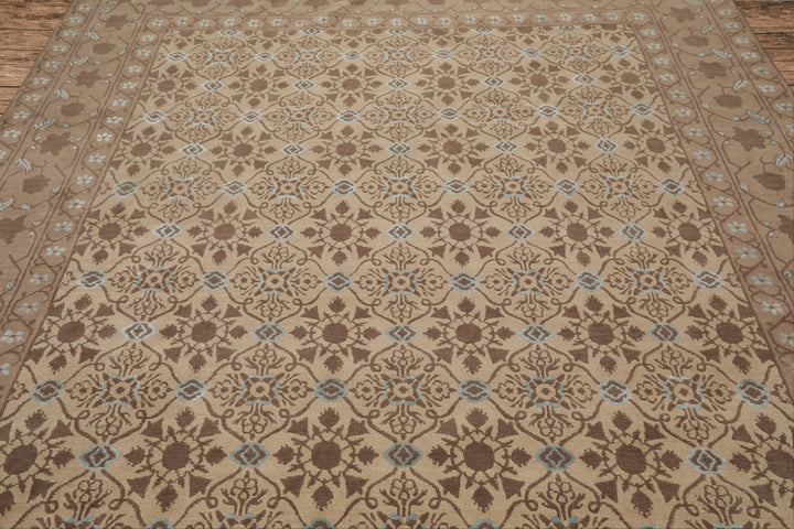 8x10 Beige, Brown, Blue Color Hand Knotted Persian Wool &amp; Silk Transitional Oriental Rug