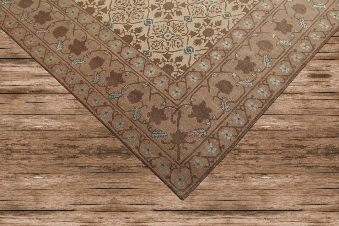 8x10 Beige, Brown, Blue Color Hand Knotted Persian Wool &amp; Silk Transitional Oriental Rug