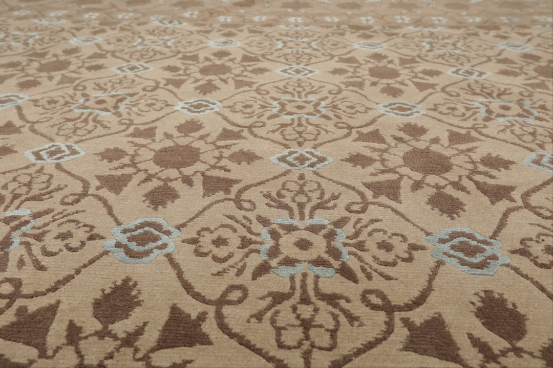 8x10 Beige, Brown, Blue Color Hand Knotted Persian Wool &amp; Silk Transitional Oriental Rug