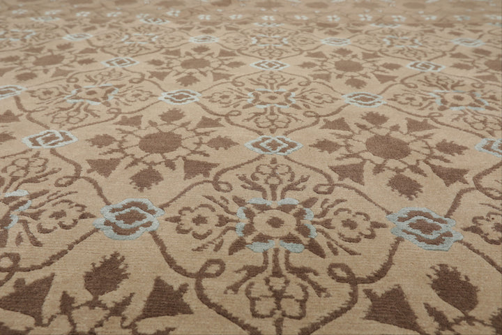 8x10 Beige, Brown, Blue Color Hand Knotted Persian Wool &amp; Silk Transitional Oriental Rug