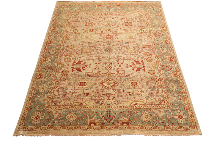 8x10 Beige, Celadon, Rust Color Hand Knotted Oushak Wool Traditional Oriental Rug