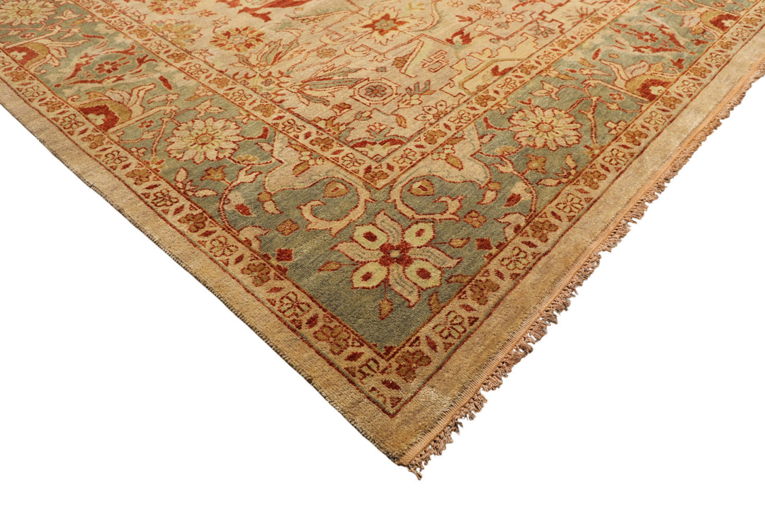 8x10 Beige, Celadon, Rust Color Hand Knotted Oushak Wool Traditional Oriental Rug