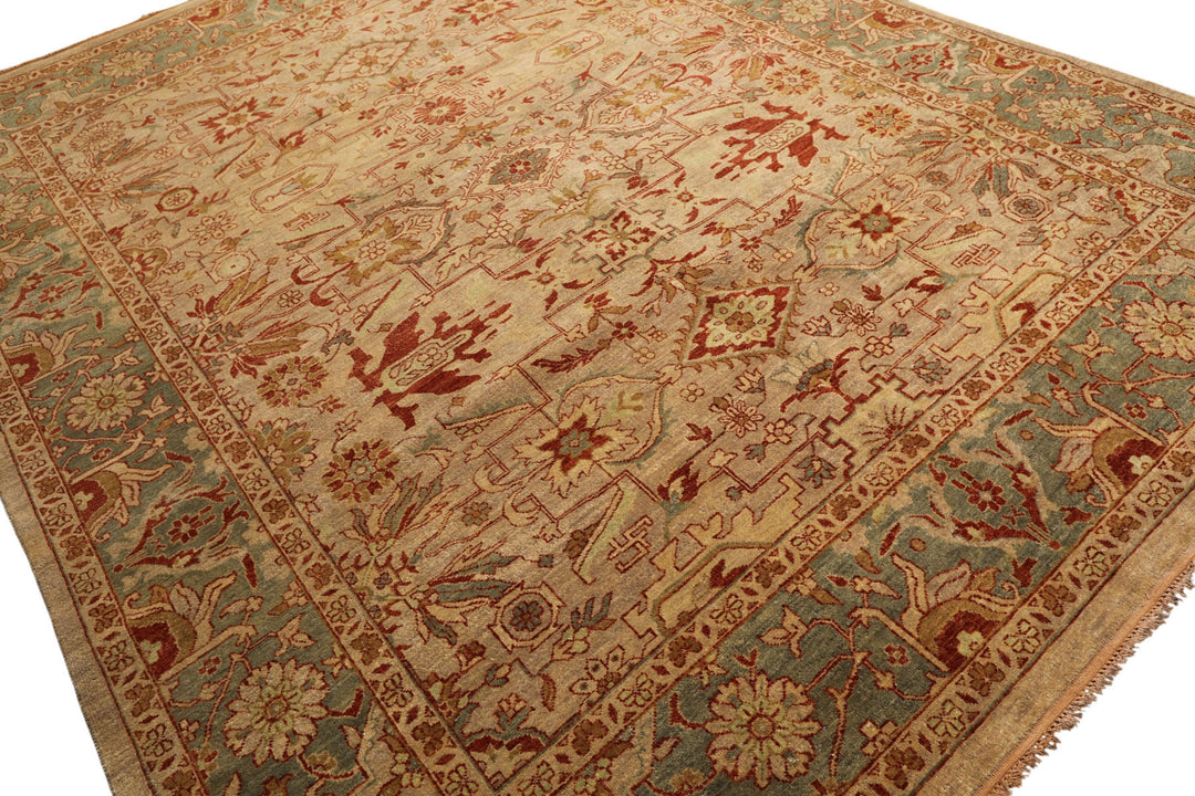 8x10 Beige, Celadon, Rust Color Hand Knotted Oushak Wool Traditional Oriental Rug