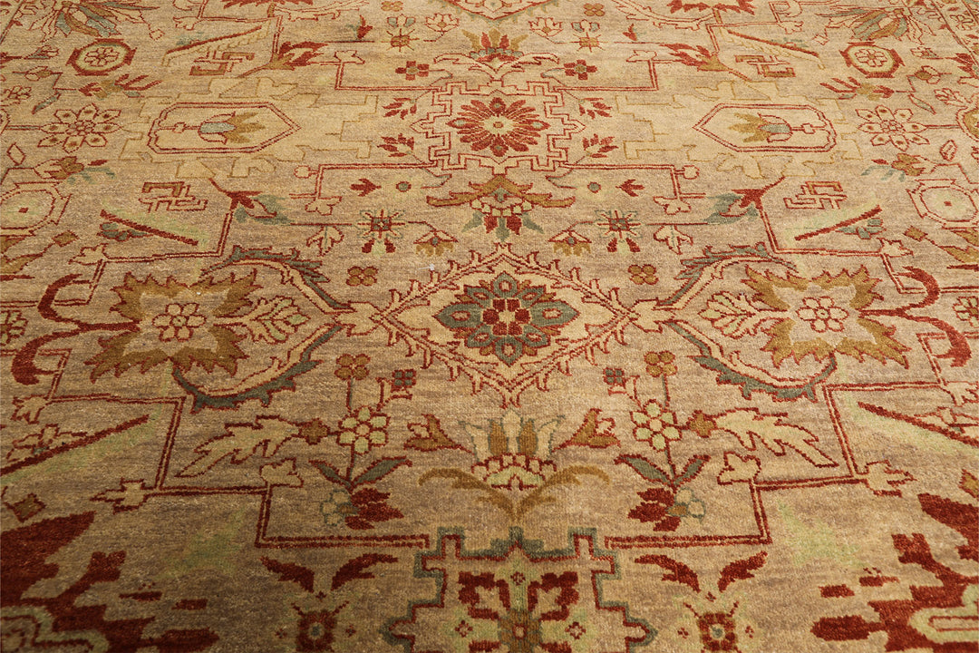 8x10 Beige, Celadon, Rust Color Hand Knotted Oushak Wool Traditional Oriental Rug