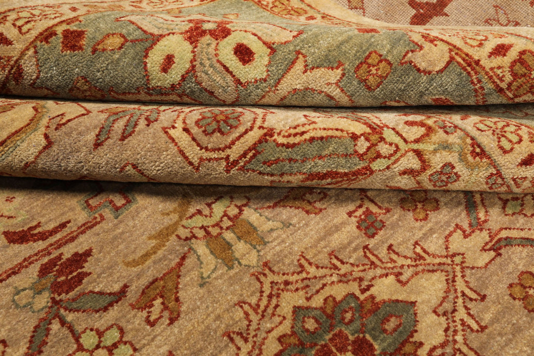 8x10 Beige, Celadon, Rust Color Hand Knotted Oushak Wool Traditional Oriental Rug