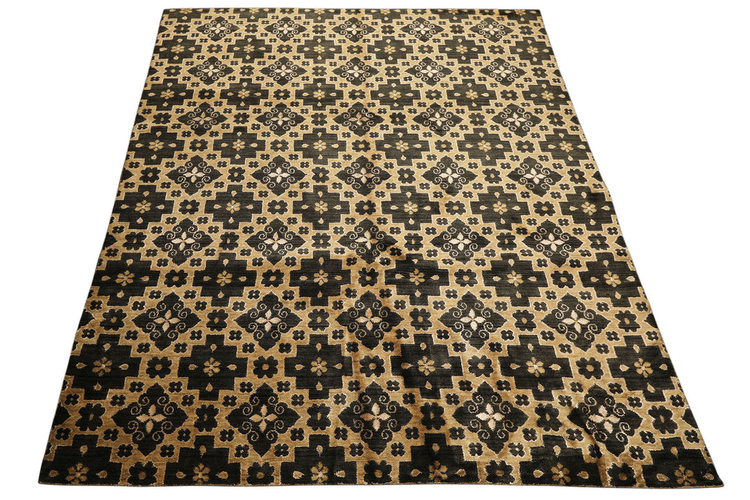 8x10 Tan, Charcoal, Color Hand Knotted Tibetan Wool Transitional Oriental Rug