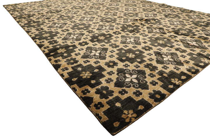 8x10 Tan, Charcoal, Color Hand Knotted Tibetan Wool Transitional Oriental Rug