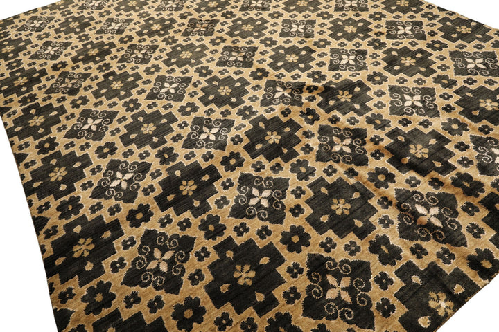 8x10 Tan, Charcoal, Color Hand Knotted Tibetan Wool Transitional Oriental Rug