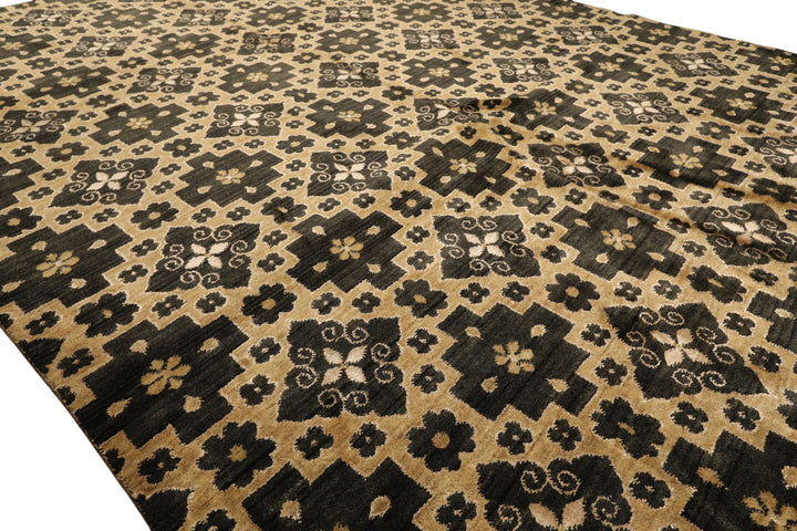 8x10 Tan, Charcoal, Color Hand Knotted Tibetan Wool Transitional Oriental Rug