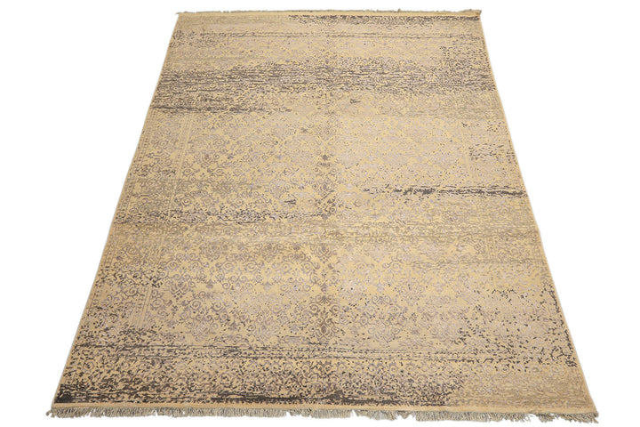 8x10 Vanilla, Taupe, Moss Color Hand Knotted Oushak Wool &amp; Bamboo Silk Transitional Oriental Rug