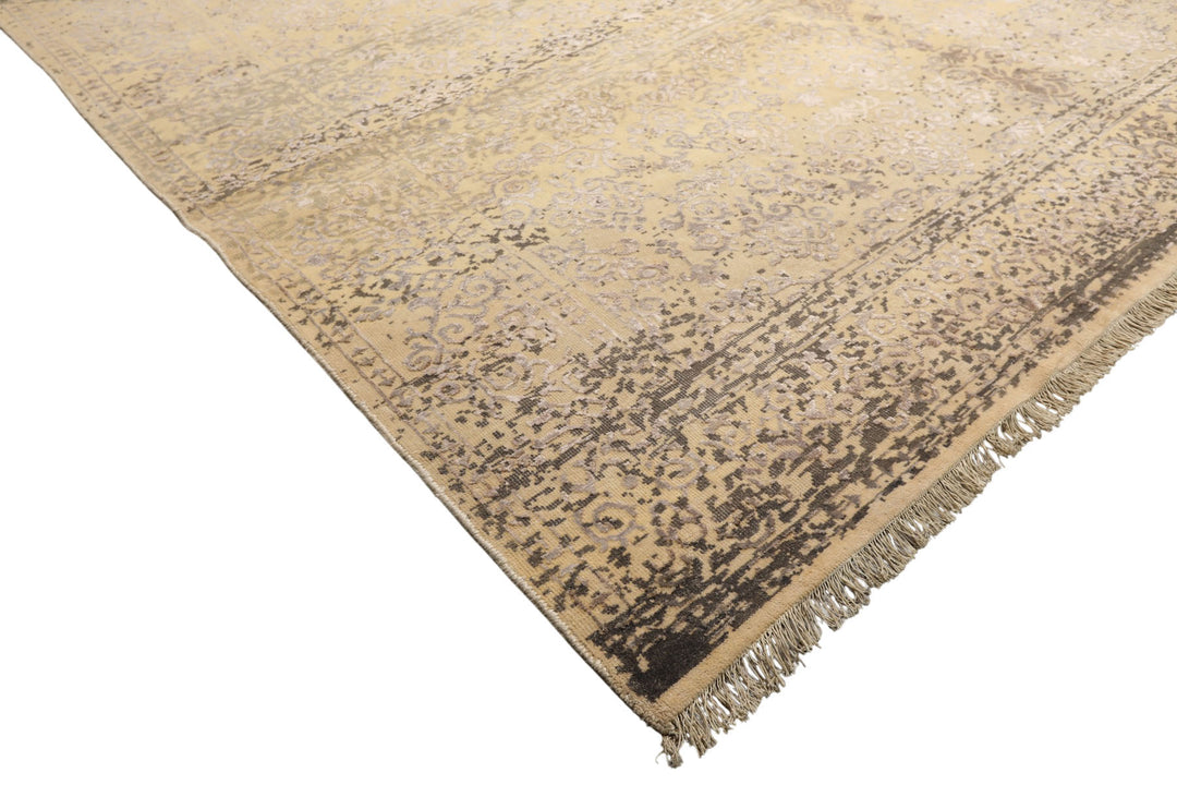 8x10 Vanilla, Taupe, Moss Color Hand Knotted Oushak Wool &amp; Bamboo Silk Transitional Oriental Rug