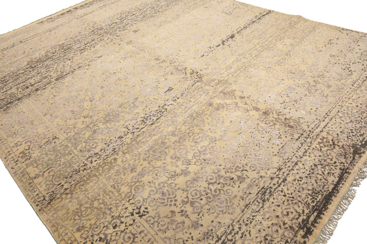8x10 Vanilla, Taupe, Moss Color Hand Knotted Oushak Wool &amp; Bamboo Silk Transitional Oriental Rug