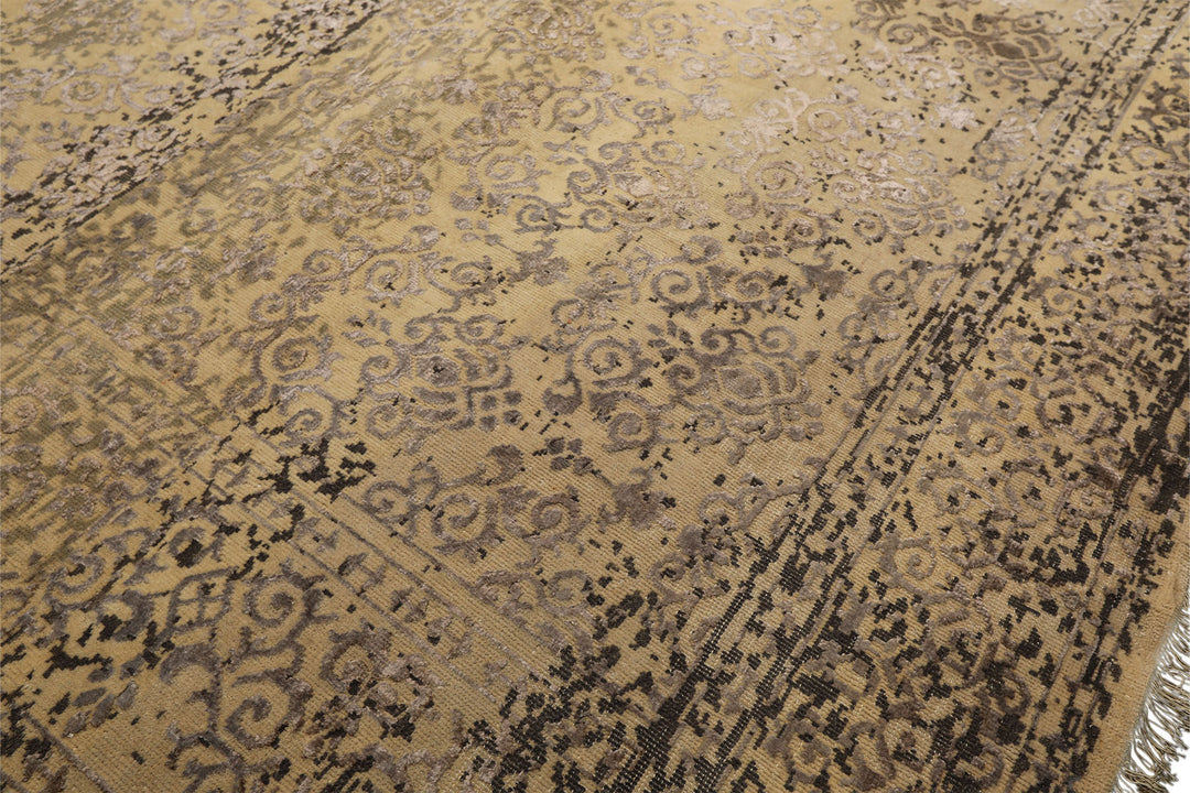 8x10 Vanilla, Taupe, Moss Color Hand Knotted Oushak Wool &amp; Bamboo Silk Transitional Oriental Rug
