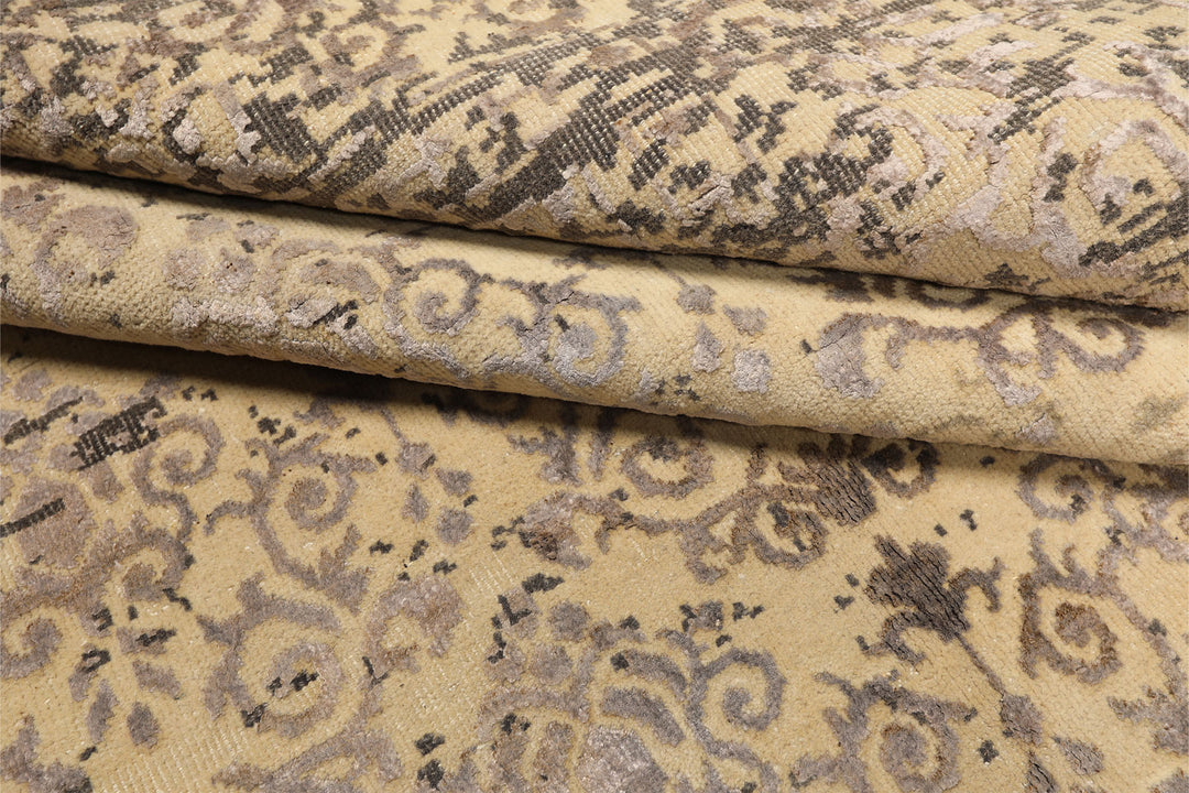 8x10 Vanilla, Taupe, Moss Color Hand Knotted Oushak Wool &amp; Bamboo Silk Transitional Oriental Rug