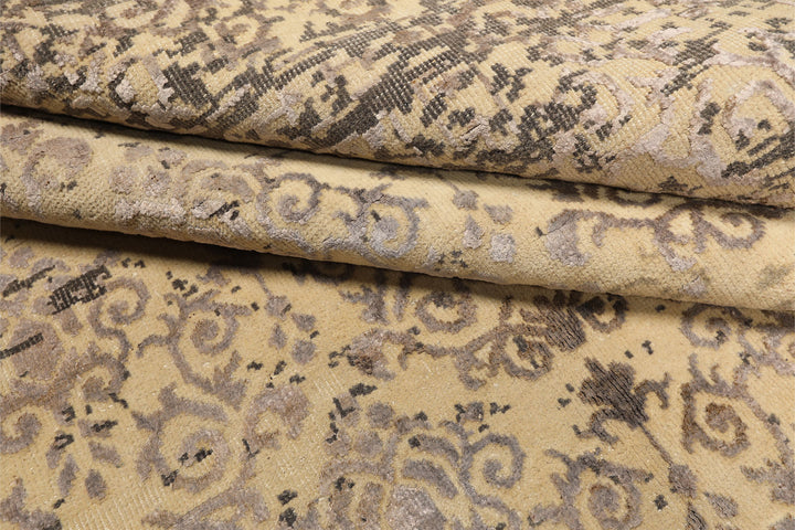 8x10 Vanilla, Taupe, Moss Color Hand Knotted Oushak Wool &amp; Bamboo Silk Transitional Oriental Rug